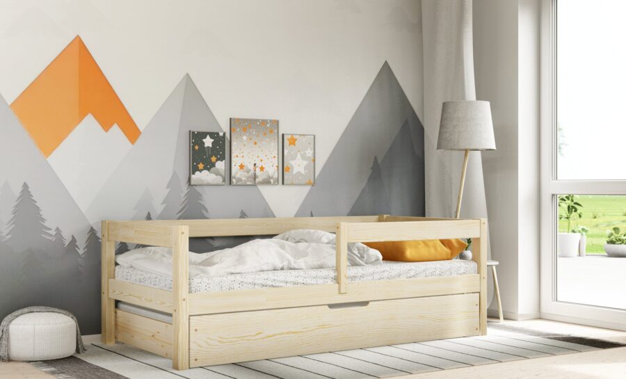 MAJA BIS2 sosnowe łóżko parterowe z barierkami deska i szufladą z funkcją spania