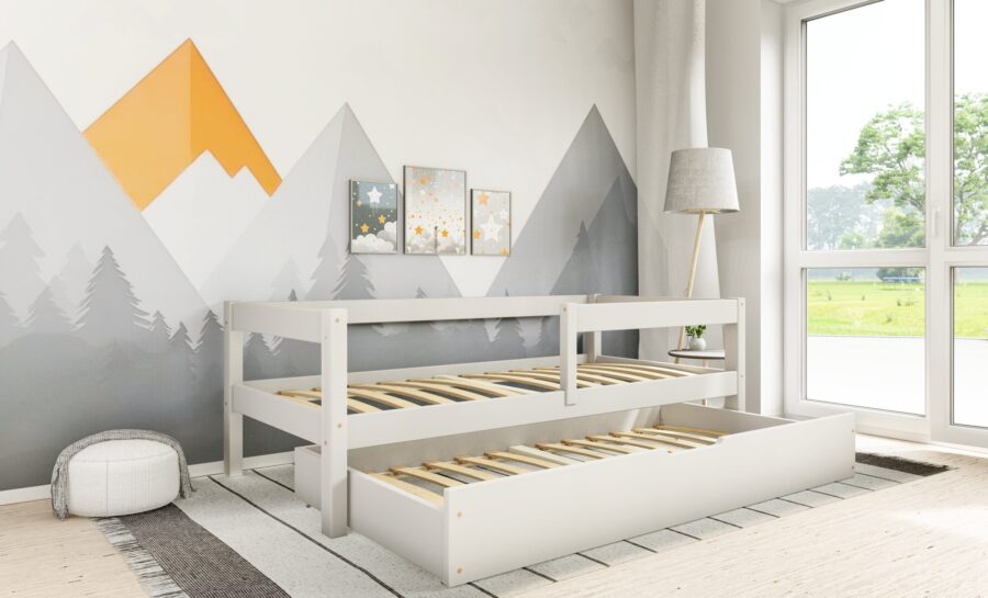 MAJA BIS2 sosnowe łóżko parterowe z barierkami deska i szufladą z funkcją spania