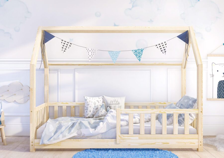 PORTIA drewniane łóżko dziecięce domek z barierkami SZYBKA WYSYŁKA