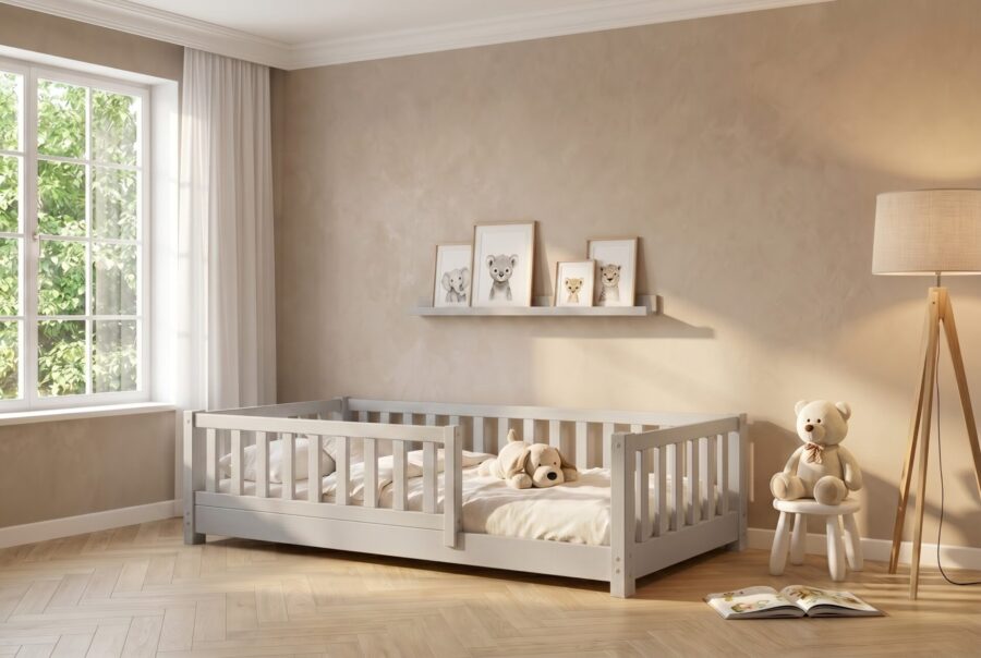 LEA_szary-D6D6D6_3cm LEA sosnowe łóżko parterowe z barierkami płotek